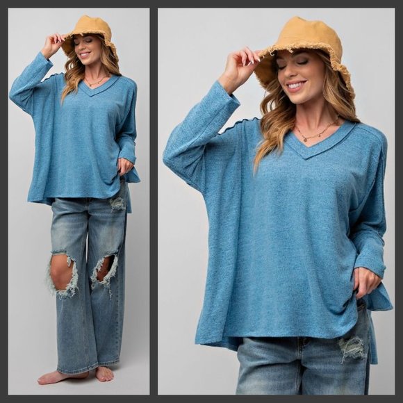 EASEL Loose Fit V-Neck Tunic-Style Lightweight Lux Top - Side Slits Super Comfy